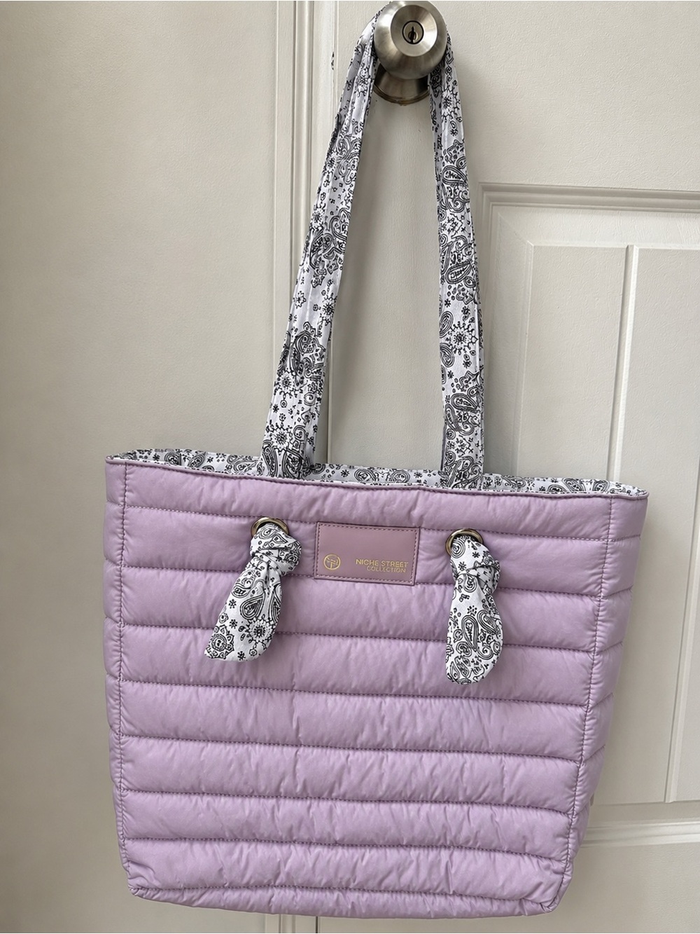 Niche Street Quilted Tote Bag in Light Lavender with Paisley-Print Straps